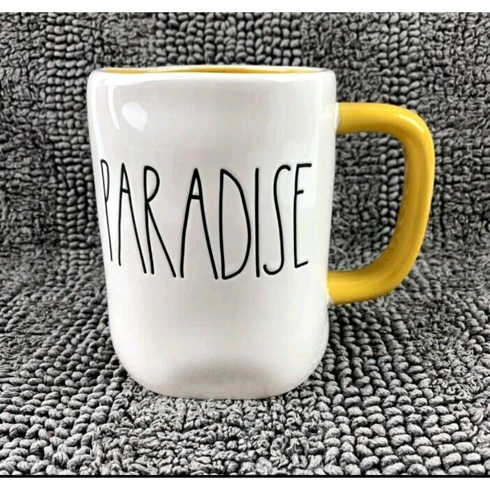 NEW RAE DUNN "PARADISE" Mug WHITE with YELLOW Interior & Handle BRAND NEW